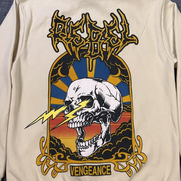 Rebel Vengeance Hoodie Mens Medium Beige Skull Graphic Pullover Streetwear New - Picture 5 of 9